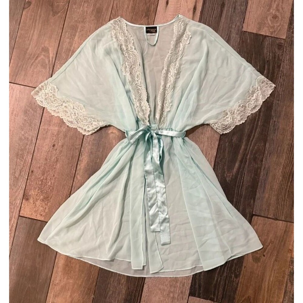 Vintage Light Blue Cinema by Etoile Babydoll Chiffon Robe with Lace Detail